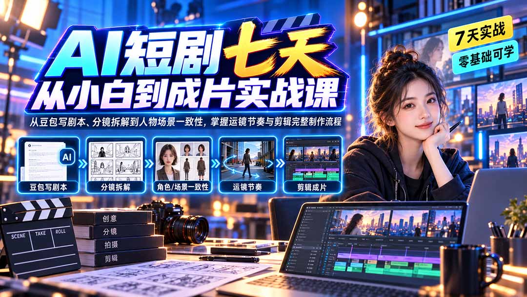 AI短剧七天从小白到成片实战课:从豆包写剧本、分镜拆解到人物场景一致性,掌握运镜节奏与剪辑完整制作流程-青禾云网创