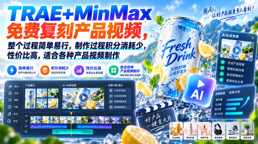 TRAE+MinMax免费复刻产品视频,整个过程简单易行,制作过程积分消耗少,性价比高,适合各种产品视频制作-菁跃云网创