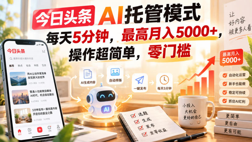 今日头条AI托管模式,每天5分钟,最高月入5000+,操作超简单,零门槛【揭秘】-菁跃云网创