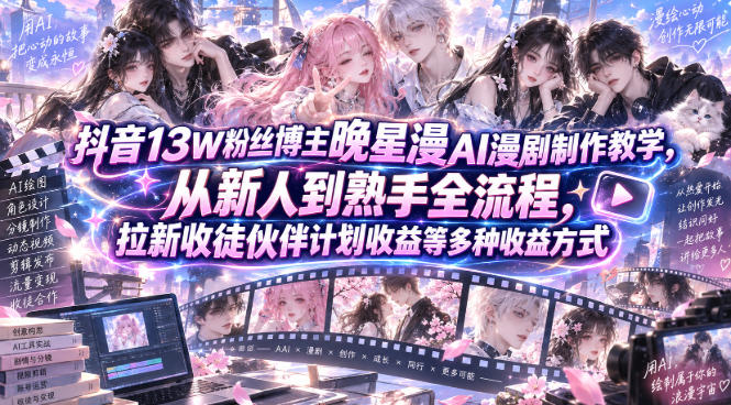 抖音13W粉丝博主晚星漫AI漫剧制作教学,从新人到熟手全流程,拉新收徒伙伴计划收益等多种收益方式,单日1K+-青禾云网创