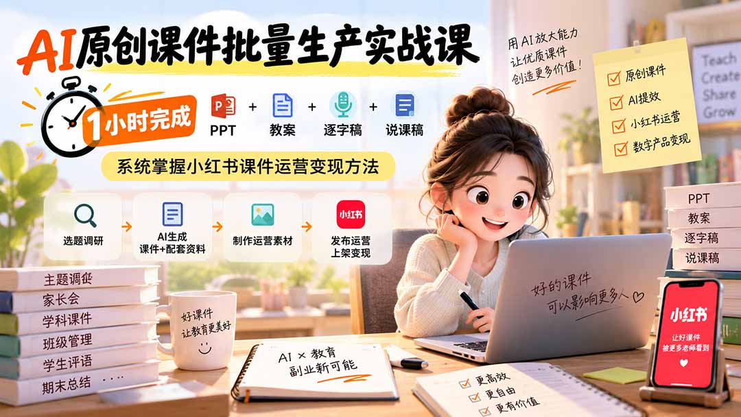 AI原创课件批量生产实战课:1小时完成PPT+教案+逐字稿+说课稿,系统掌握小红书课件运营变现方法-菁跃云网创