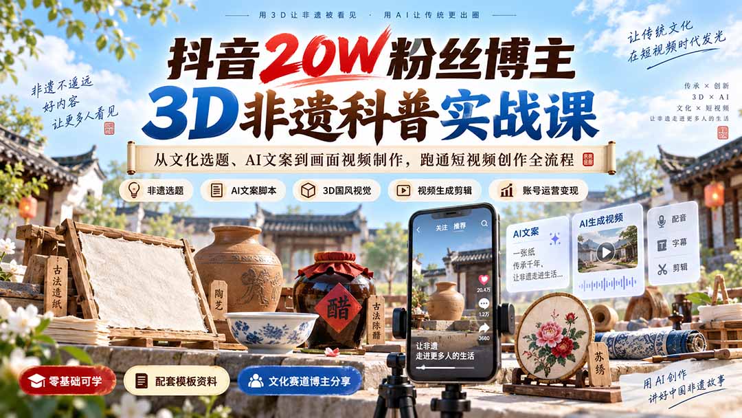 抖音20W粉丝博主3D非遗科普实战课：从文化选题、AI文案到画面视频制作，跑通短视频创作全流程-清风网创