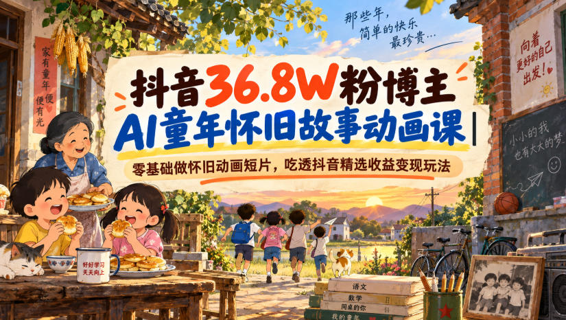 抖音36.8W粉博主AI童年怀旧故事动画课|零基础做怀旧动画短片,吃透抖音精选收益变现玩法-青禾云网创