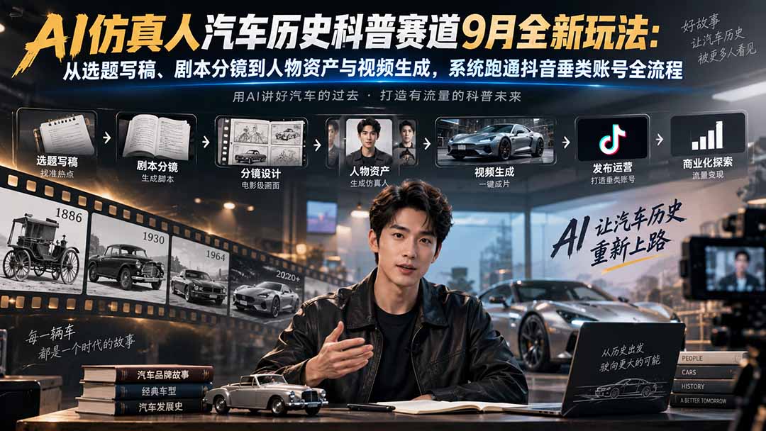AI仿真人汽车历史科普赛道9月全新玩法：从选题写稿、剧本分镜到人物资产与视频生成，系统跑通抖音垂类账号全流程-清风网创