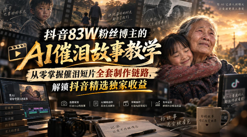 抖音83W粉丝博主的AI催泪故事教学,从零掌握催泪短片全套制作链路,解锁抖音精选独家收益-云网创
