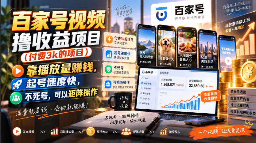 百家号视频撸收益项目(付费3k的项目),靠播放量賺钱,起号速度快,不死号,可以矩阵操作-云网创