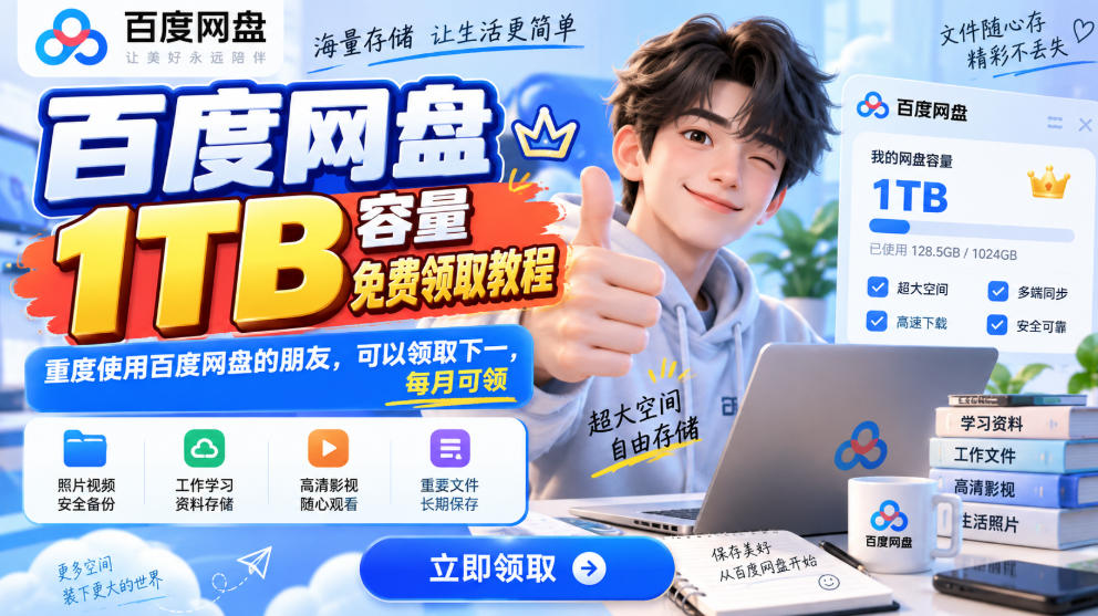 百度网盘1TB容量免费领取教程,重度使用百度网盘的朋友,可以领取下一,每月可领-云网创