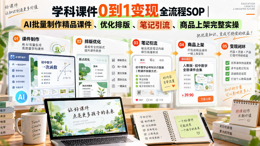 学科课件0到1变现全流程SOP|AI批量制作精品课件、优化排版、笔记引流、商品上架完整实操-云网创