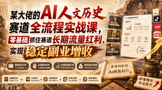 某大佬的AI人文历史赛道全流程实战课,零基础抓住赛道长期流量红利,实现稳定副业增收(更新)-云网创