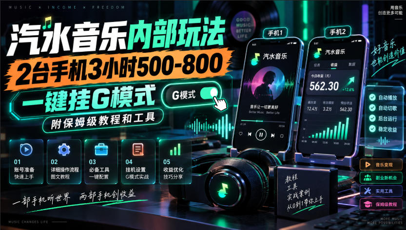 汽水音乐内部玩法,2台手机3小时500-800,一键挂G模式,附保姆级教程和工具【揭秘】-咕噜鱼网创