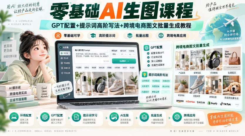 零基础AI生图课程,GPT配置+提示词高阶写法+跨境电商图文批量生成教程-咕噜鱼网创