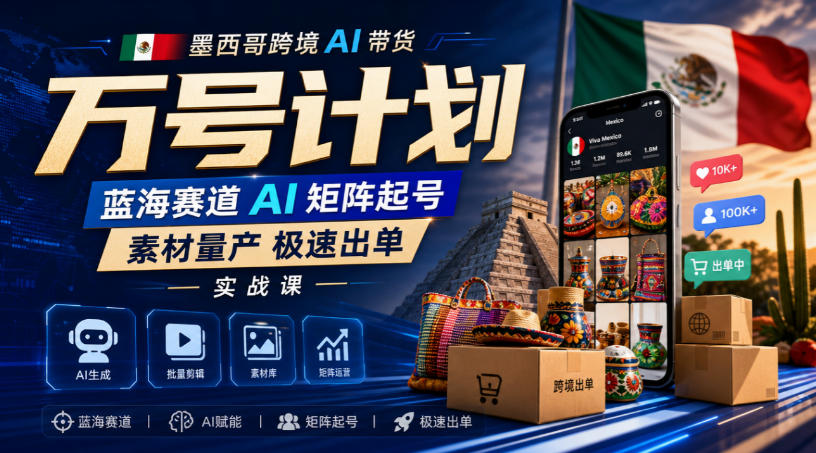 墨西哥跨境AI带货万号计划,蓝海赛道AI矩阵起号,素材量产极速出单实战课-咕噜鱼网创