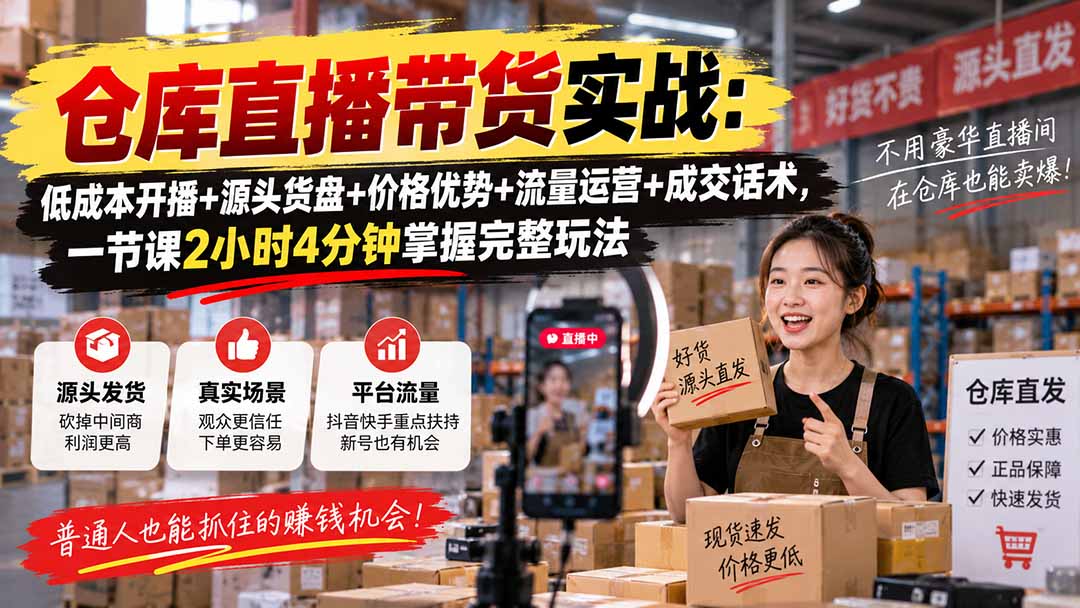 仓库直播带货实战:低成本开播+源头货盘+价格优势+流量运营+成交话术,一节课2小时4分钟掌握完整玩法-清风网创