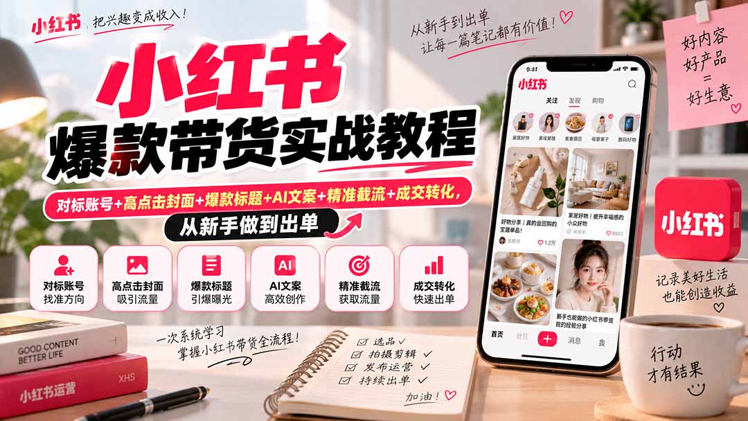小红书爆款带货实战教程|对标账号+高点击封面+爆款标题+AI文案+精准截流+成交转化,从新手做到出单-清风网创
