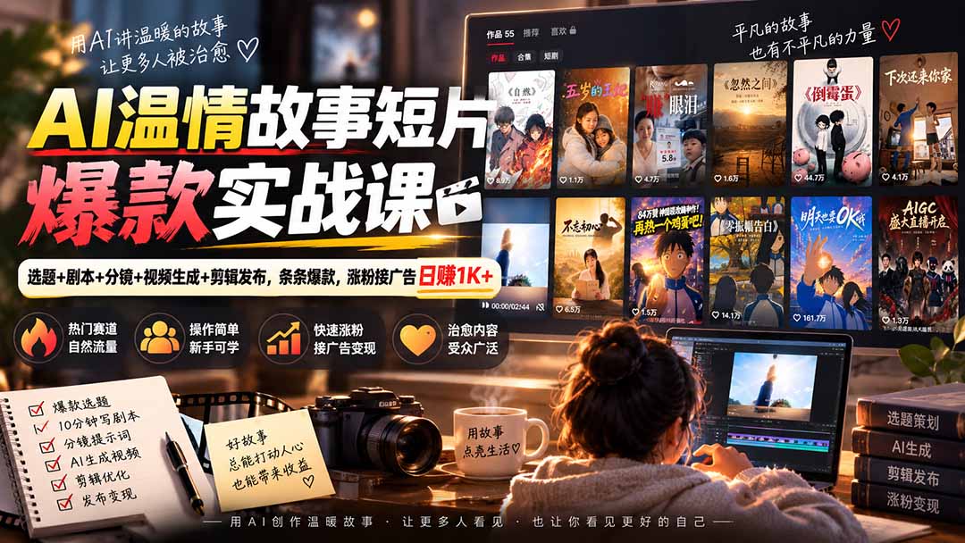 AI温情故事短片爆款实战课-更新|选题+剧本+分镜+视频生成+剪辑发布,条条爆款,涨粉接广告日赚1K+-清风网创