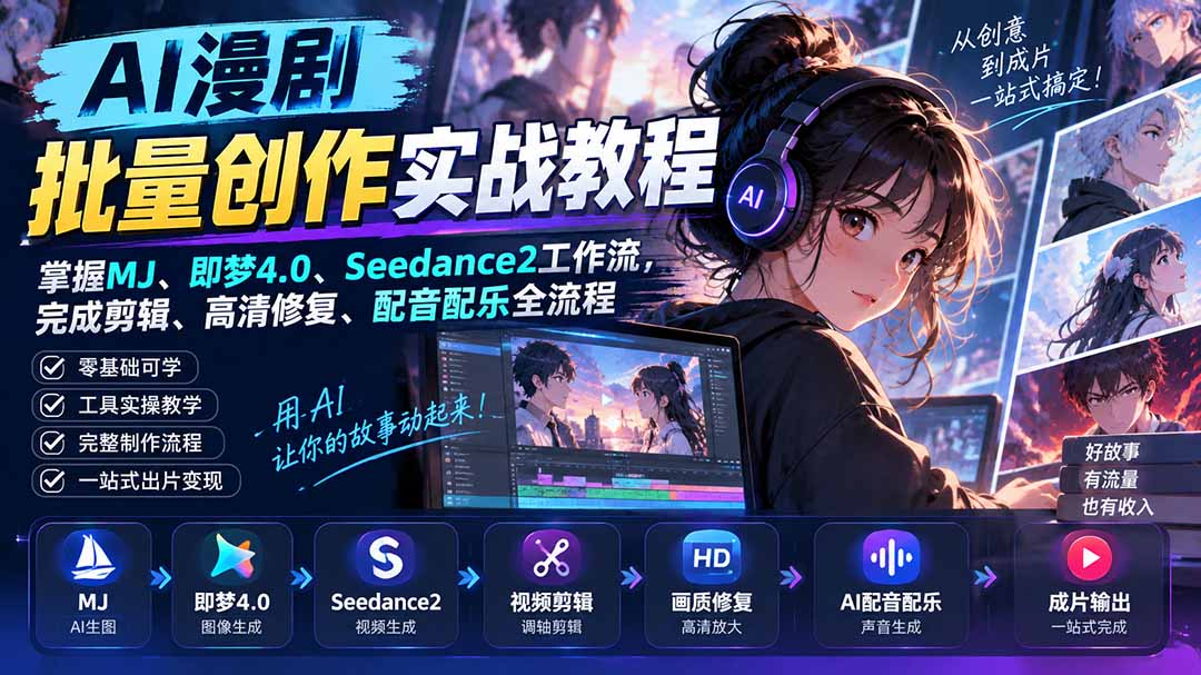 AI漫剧批量创作实战教程:掌握MJ、即梦4.0、Seedance2工作流,完成剪辑、高清修复、配音配乐全流程-清风网创