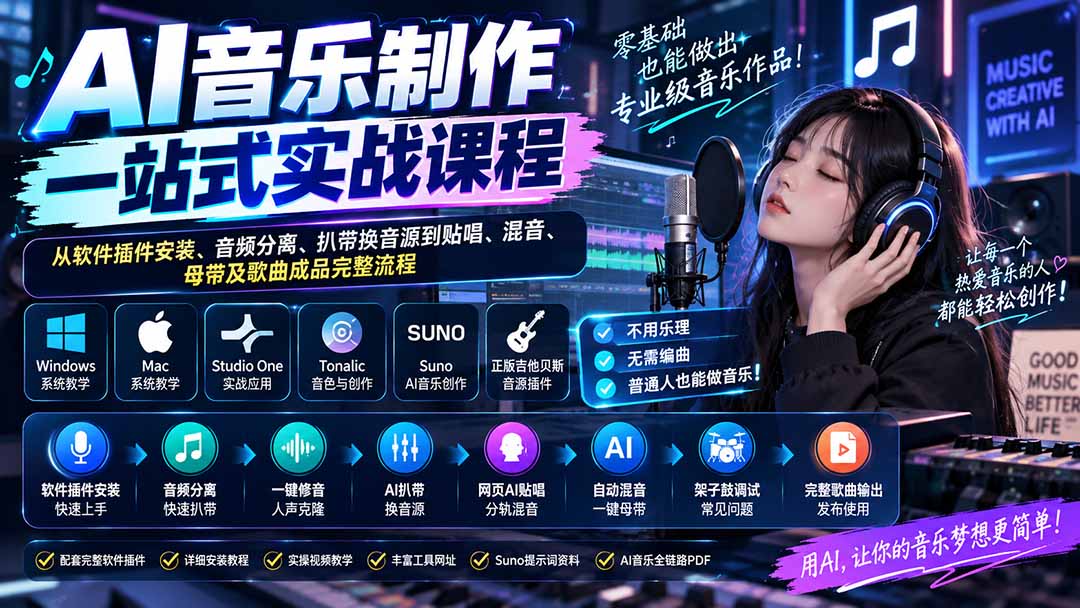 AI音乐制作一站式实战课程:从软件插件安装、音频分离、扒带换音源到贴唱、混音、母带及歌曲成品完整流程-清风网创