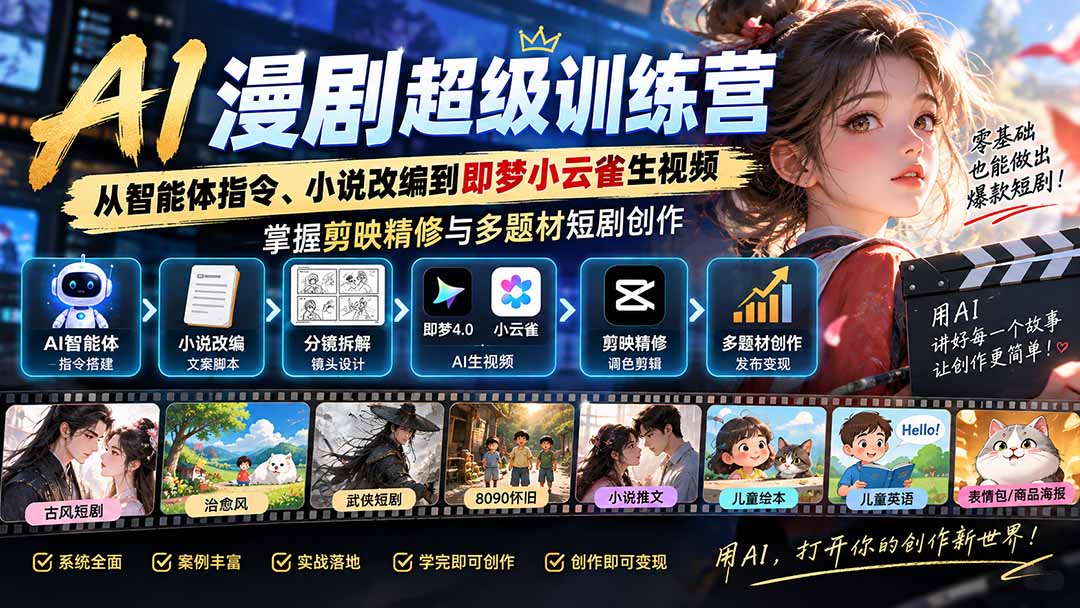 AI漫剧超级特训营:从智能体指令、小说改编到即梦小云雀生视频,掌握剪映精修与多题材短剧创作-清风网创