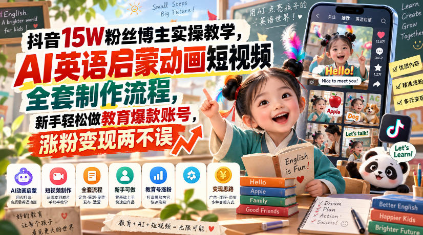 抖音15W粉丝博主实操教学,AI英语启蒙动画短视频全套制作流程,新手轻松做教育爆款账号,涨粉变现两不误-万泉云网创