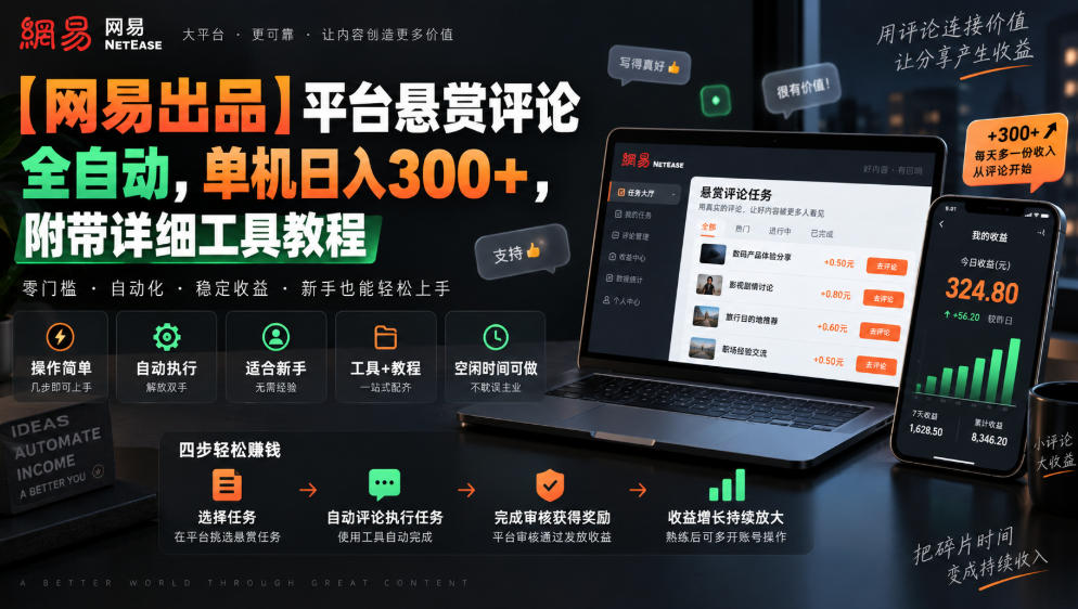 【网易出品】平台悬赏评论全自动,单机日入300+,附带详细工具教程【揭秘】-万泉云网创