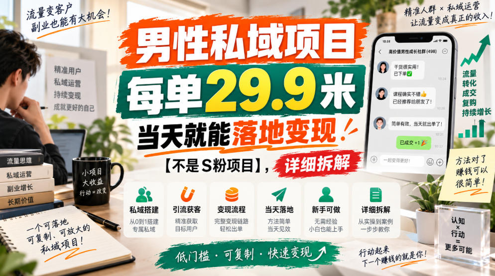 男性私域项目，每单29.9米，当天就能落地变现【不是S粉项目】，详细拆解-清风网创