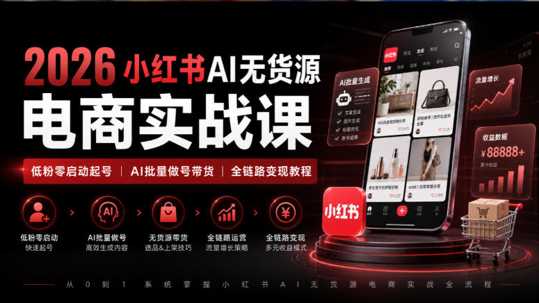 2026小红书AI无货源电商实战课｜低粉零启动起号｜AI批量做号带货全链路变现教程-清风网创