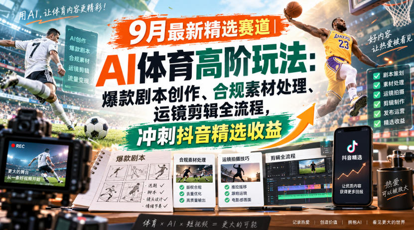 某大佬的9月最新精选赛道之AI体育顶级玩法，爆款剧本创作、版权规避、运镜剪辑全流程，稳拿抖音精选收益-清风网创