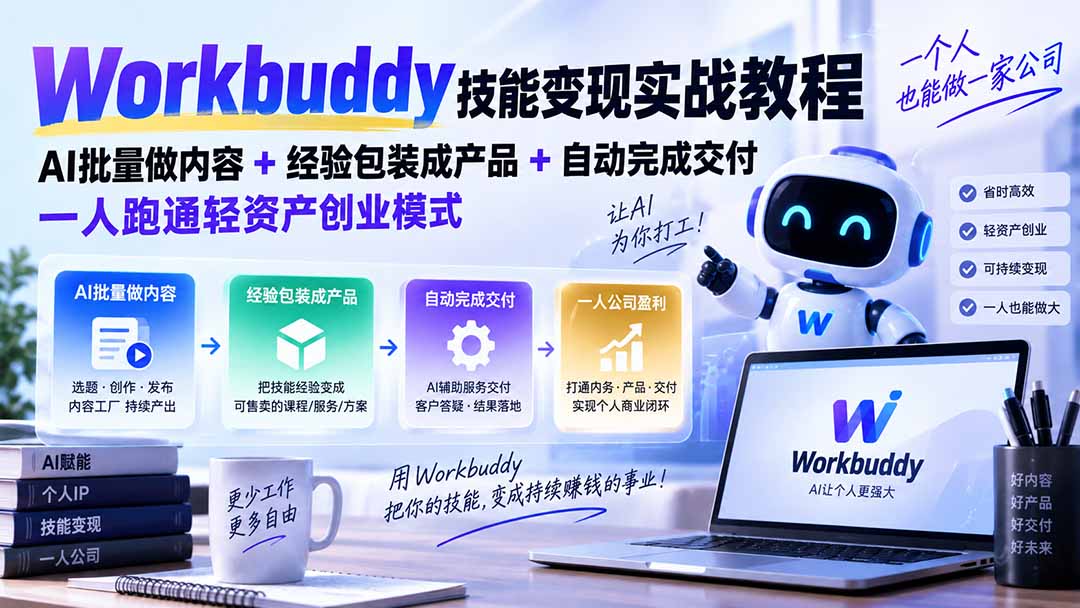 Workbuddy技能变现实战教程：AI批量做内容+经验包装成产品+自动完成交付，一人跑通轻资产创业模式-清风网创