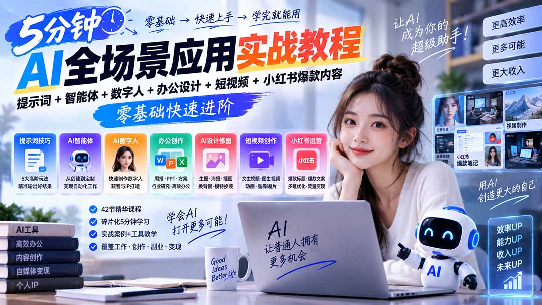 AI全场景应用实战教程｜提示词+智能体+数字人+办公设计+短视频+小红书爆款内容，零基础快速进阶-清风网创