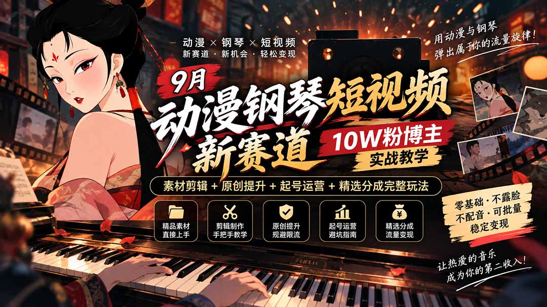 9月动漫钢琴短视频新赛道｜10W粉博主实战教学，素材剪辑+原创提升+起号运营+精选分成完整玩法-清风网创