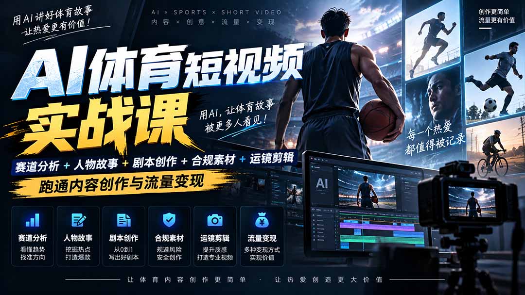 AI体育短视频赛道顶级玩法｜赛道分析+人物故事+剧本创作+版权处理+运镜剪辑，跑通流量变现-日赚1K+-清风网创