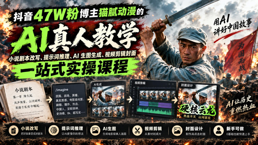 抖音47W粉博主猫腻动漫的AI真人漫剧教学,小说剧本改写、提示词推理、AI生图生成、视频剪辑封面一站式实操课程-云网创