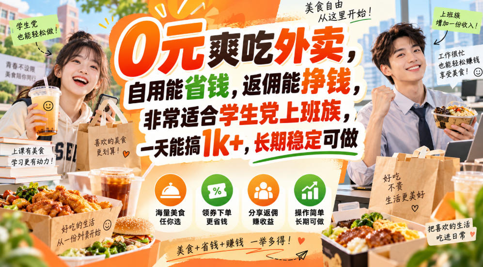 0元爽吃外卖,自用能省钱,返佣能挣钱,非常适合学生党上班族,一天能搞1k+,长期稳定可做-云网创
