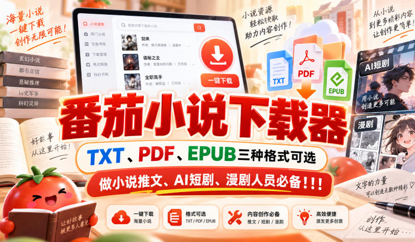 番茄小说下载器,TXT、PDF、EPUB三种格式可选,做小说推文、AI短剧、漫剧人员必备!!!-云网创