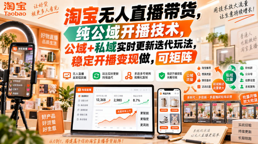 淘宝无人直播带货,纯公域开播技术,公域+私域实时更新迭代玩法,稳定开播变现做,可矩阵【揭秘】-云网创