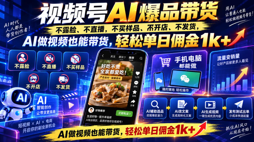 视频号Ai爆品带货,不露脸、不直播、不买样品、不开店、不发货,AI做视频也能带货,轻松单日佣金1k+-云网创