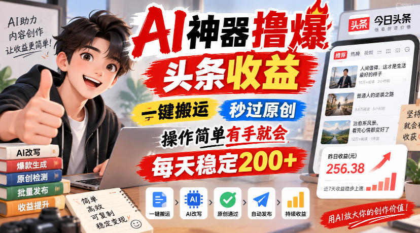 AI神器撸爆头条收益,一键搬运,秒过原创,操作简单有手就会,每天稳定200+【揭秘】-云网创