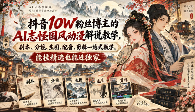抖音10W粉丝博主满堂诡事的AI志怪国风动漫解说教学,剧本、分镜、生图、配音、剪辑一站式教学,能挂精选也能进独家-云网创