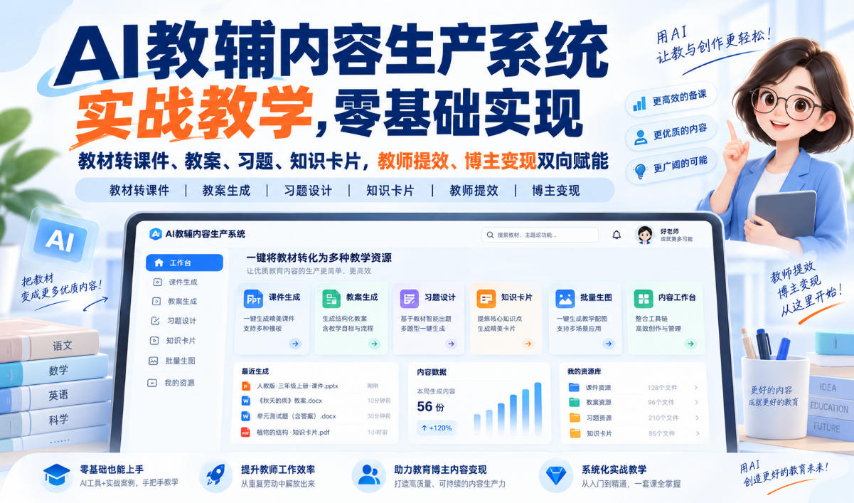AI教辅内容生产系统实战教学,零基础实现教材转课件、教案、习题、知识卡片,教师提效、博主变现双向赋能-云网创