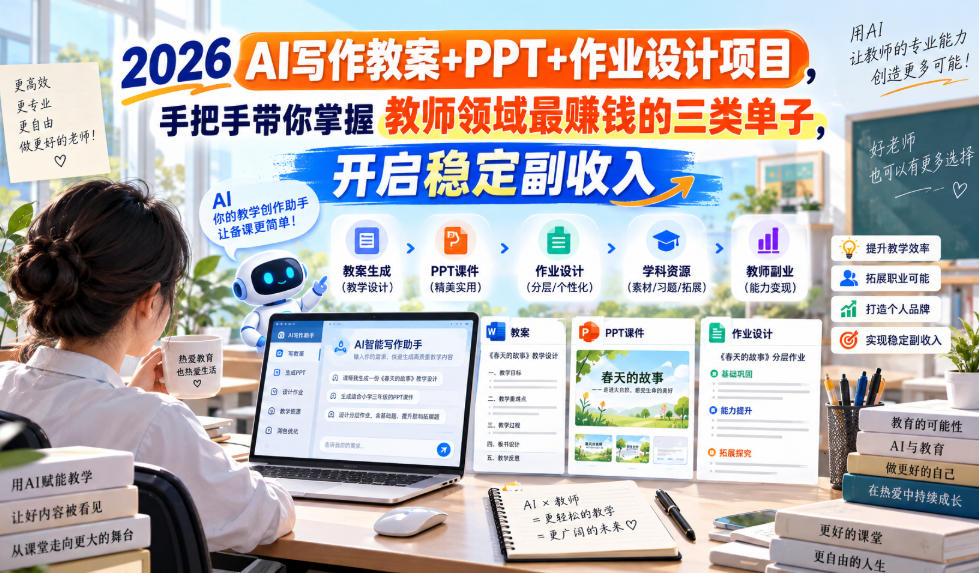 2026 AI写作教案+PPT+作业设计项目,手把手带你掌握教师领域最賺钱的三类单子,开启稳定副收入-咕噜鱼网创