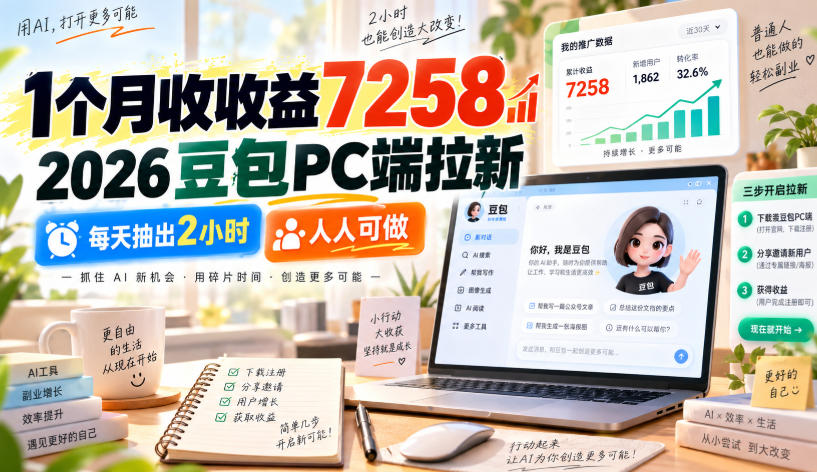 1个月收收益7258,2026豆包PC端拉新,每天抽出2小时,人人可做-咕噜鱼网创