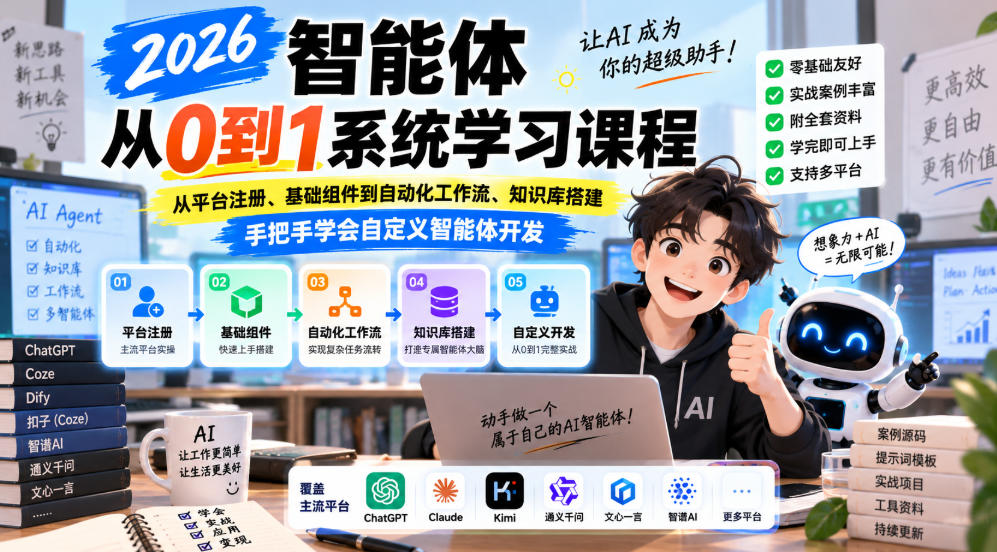 2026智能体从0到1系统学习课程,从平台注册、基础组件到自动化工作流、知识库搭建,手把手学会自定义智能体开发-云网创