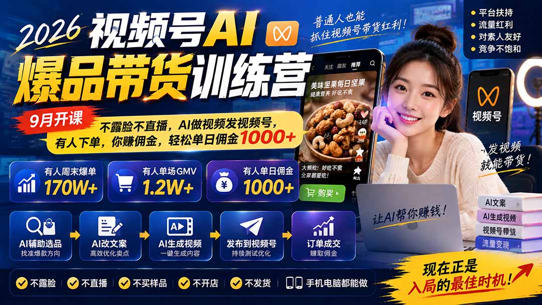 2026视频号AI爆品带货训练营-9月开课|不露脸不直播,AI做视频发视频号,有人下单,你赚佣金,轻松单日佣金1000+-云网创