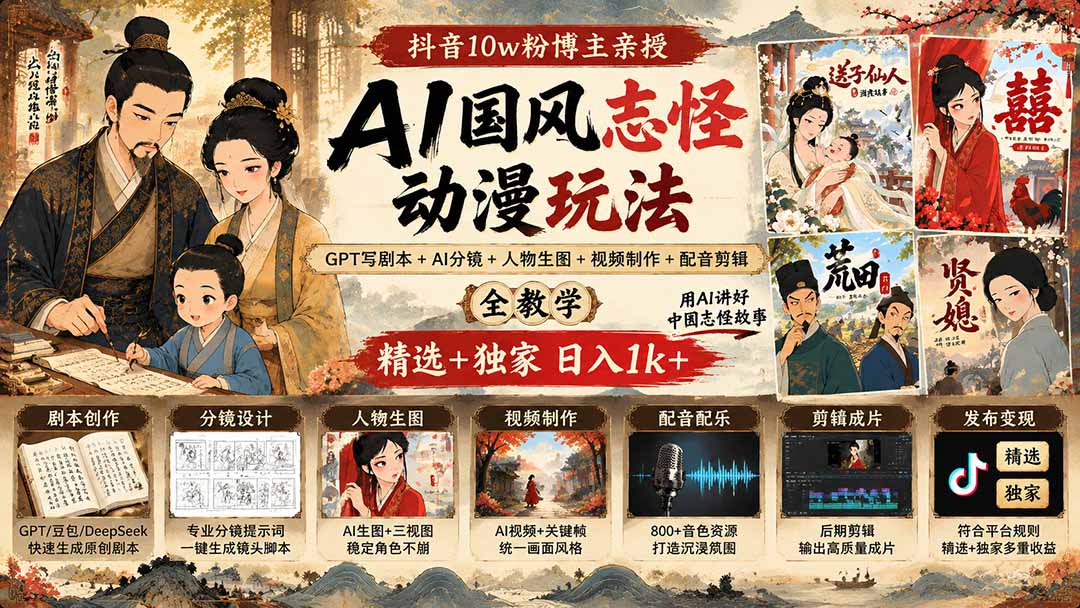 抖音10w粉博主亲授AI国风志怪动漫玩法|GPT写剧本+AI分镜+人物生图+视频制作+配音剪辑全教学|精选+独家日入1k+-云网创
