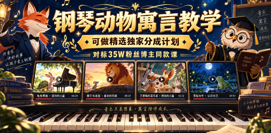 钢琴动物寓言教学,可做精选独家分成计划,对标35W粉丝博主同款课-云网创
