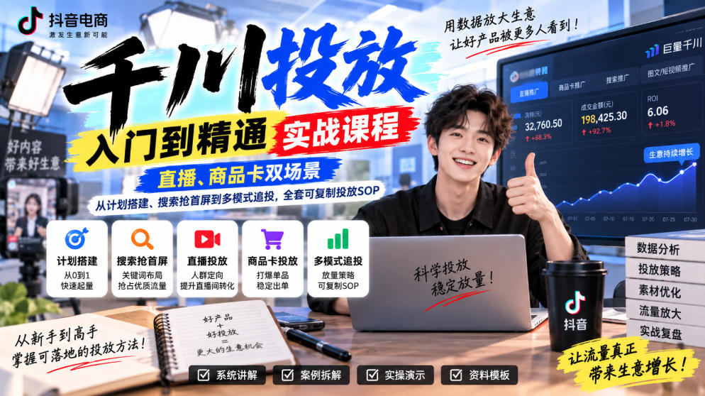 千川投放入门到精通实战课程,直播、商品卡双场景,从计划搭建、搜索抢首屏到多模式追投,全套可复制投放SOP-云网创