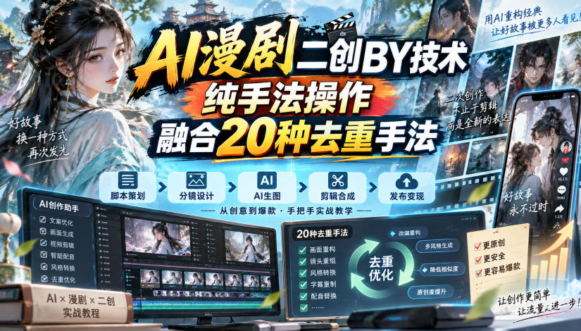 AI漫剧二创搬运技术,纯手法操作,融合20种去重手法-云网创