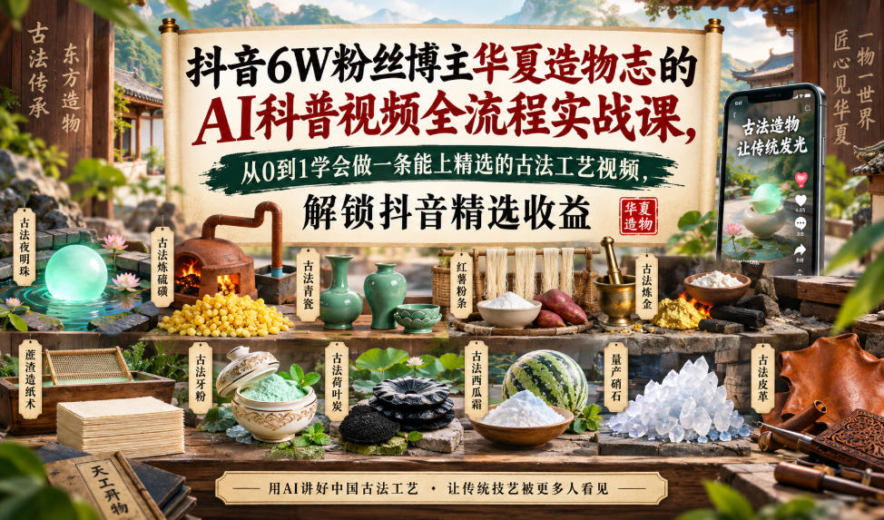 抖音6W粉丝博主华夏造物志的AI科普视频全流程实战课,从0到1学会做一条能上精选的古法工艺视频,解锁抖音精选收益-云网创