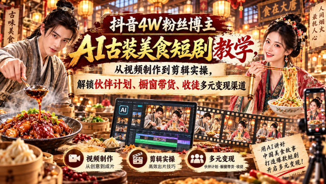 抖音4W粉丝博主AI古装美食短剧教学,从视频制作到剪辑实操,解锁伙伴计划、橱窗带货、收徒多元变现渠道-云网创