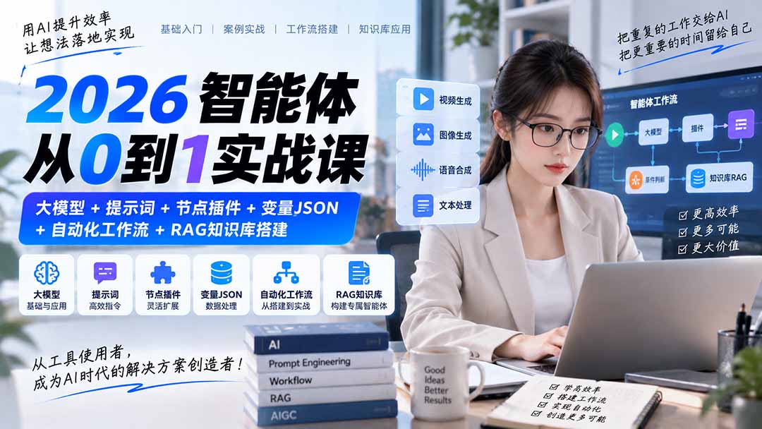 2026智能体从0到1实战课|大模型+提示词+节点插件+变量JSON+自动化工作流+RAG知识库搭建-云网创